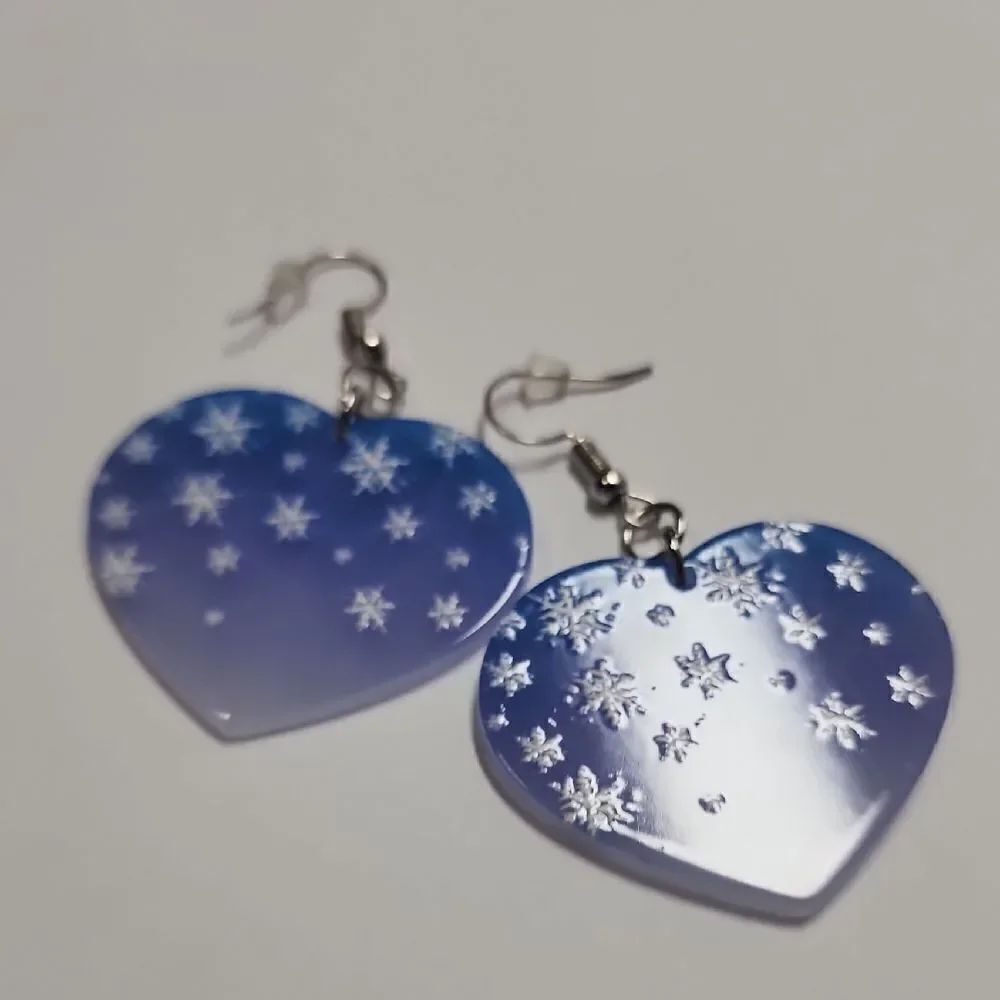 Blue Heart Earrings with Snowflake Design
